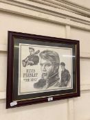 A framed and glazed pencil drawing print 'Elvis Pressley - The King' print signed bottom right