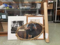 An assortment of pictures and mirrors to include photographic print of manor house, navigation