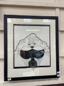 A framed and glazed ink artwork depicting Doll Parton in caricature monogrammed C F (Clive Francis)