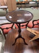 Stained wooden wine table with parquetry inlay to top.