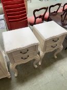 Pair of modern white painted, 2 drawer bedside cabinets on carved cabriole supports.