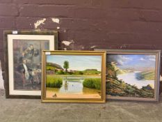 A print of an interior scene and two oil on boards of waterways