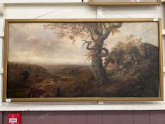 A gilt framed oil on canvas of a seated lady overlooking stream (A/F) Small hole to central canvas.