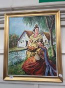 A gilt framed oil on canvas depicting fruit gathering scene signed S Murillo
