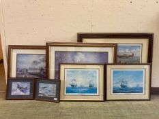 Seven framed and glazed prints depicting vehicles to include trains, boats and planes