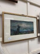 A framed and glazed pastel artwork depicting a rocky beach scene with cormorant to foreground