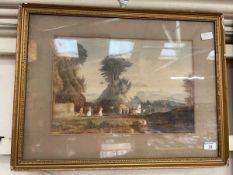 A gilt framed and glazed watercolour depicting a temple scene