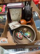 A carton of assorted goods to include an African carved wood bust of a lady, modern Seiko mantle
