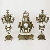 FRENCH LOUIS XVI STYLE ORMOLU AND MARBLE CLOCK GARNITURE SET WITH CHERUB AND HARP DECORATION.