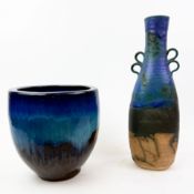 A BLUE STONEWARE STUDIO VASE AND A SIMILAR PLANTER (2).