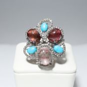 A TOURMALINE, TURQUOISE AND DIAMOND DRESS RING.