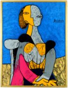 AFTER PABLO PICASSO. SEATED WOMAN ON SILK.