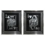 PAIR OF KING AND QUEEN PICTURES IN METALLIC FRAMES.
