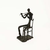 BRONZE SCULPTURE OF A SEATED VOILIN PLAYER.