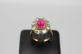 A RUBY, APATITE AND DIAMOND DRESS RING.