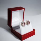 A PAIR OF 18CT ROSE GOLD MORGANITE AND DIAMOND EARRINGS.