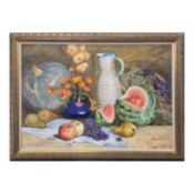 ANNA CHEREDNICHENKO (RUSSIAN 1917-2003). STILL LIFE WITH CERAMICS AND FRUIT.