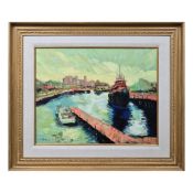 TRISTAN TONDINO (CANADIAN B. 1961). TUGBOAT AT PORT.