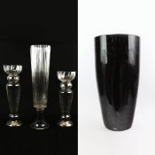 GLASS VASES, THREE AND A PORCELAIN FLOOR VASE (4).