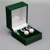 A PAIR OF 18CT WHITE GOLD PEARL AND SAPPHIRE DROP EARRINGS.