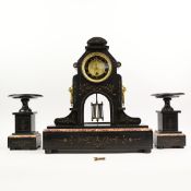 LATE 19TH CENTURY BLACK MARBLE CLOCK GARNITURE (3).