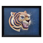 1920s VIETNAMESE SILK EMBROIDERED TIGER IN A BLACK PAINTED FRAME.