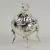 VICTORIAN STYLE POLISHED METAL WALNUT BISCUIT BARREL.