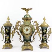 CERAMIC AND GILT ORMOLU CLOCK GARNITURE SET.