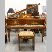 EARLY 20TH CENTURY WALNUT AND CHINOISERIE BABY GRAND PIANO.