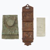 VENETIAN WALNUT WALL HANGING RACK, BRONZE PLAQUE AND MARBLE FRAGMENT (3).