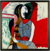 AFTER PABLO PICASSO. SEATED WOMAN ON SILK.