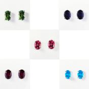 FIVE PAIRS OF SILVER AND NATURAL GEMSTONE STUD EARRINGS.