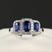 A PLATINUM SAPPHIRE AND DIAMOND TRILOGY CLUSTER RING.