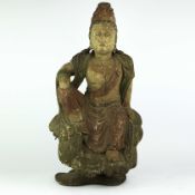 A CARVED AND PAINTED WOOD SEATED FIGURE OF GUANYIN.