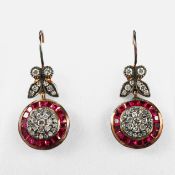 A PAIR OF 8CT ROSE GOLD RUBY AND DIAMOND EARRINGS.