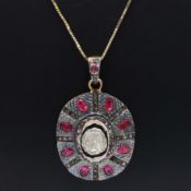 A SILVER GILT TOURMALINE AND DIAMOND PENDANT NECKLACE.