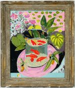 AFTER HENRI MATISSE. GOLDFISH IN A GOLDFISH BOWL ON SILK.