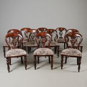 SET OF TEN VICTORIAN STYLE MAHOGANY BALLOON BACK DINING CHAIRS.