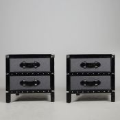 BEDSIDE CHESTS, A PAIR, LUGGAGE STYLE.