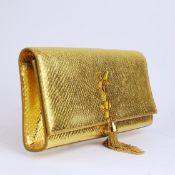 YSL SAINT LAUREN GOLD METALLIC KATE, CLUTCH WITH TASSEL.