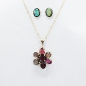 VICTORIAN SEMI-PRECIOUS STONE FLOWER PENDANT, 9CT YELLOW GOLD FINE CHAIN, WITH AN OVAL TRIPLET OPAL