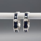 A PAIR OF WHITE GOLD DIAMOND AND SAPPHIRE HOOP EARRINGS.
