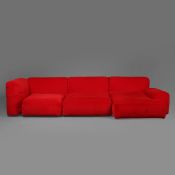 CASSINA MEX CUBE SOFA BY PIERO LISSONI IN RED VELVET UPHOLSTERY WITH FEATHER PADDED CUSHIONS.