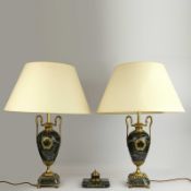 A PAIR OF FRENCH GREEN VARIEGATED MARBLE EMPIRE LAMPS. (3).