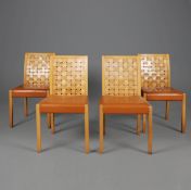 A SET OF FOUR MAPLE LATTICE BACK DINING CHAIRS (4).