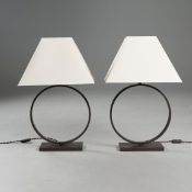 ROBERT LANGFORD TABLE LAMPS, A PAIR, CIRCULAR METAL (2).