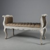 FRENCH STYLE GREY PAINTED WINDOW SEAT WITH BUTTONED UPHOLSTERY.