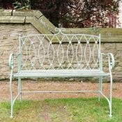 ITALIAN STYLE PISTACHIO GREEN PAINTED METAL GARDEN BENCH.