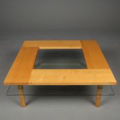 WOODEN COFFEE TABLE WITH OPEN FRAME OVER GLASS TIER.