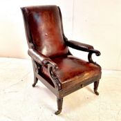 WILLIAM IV MAHOGANY CAMPAIGN ARMCHAIR WITH LEATHER UPHOLSTERY.